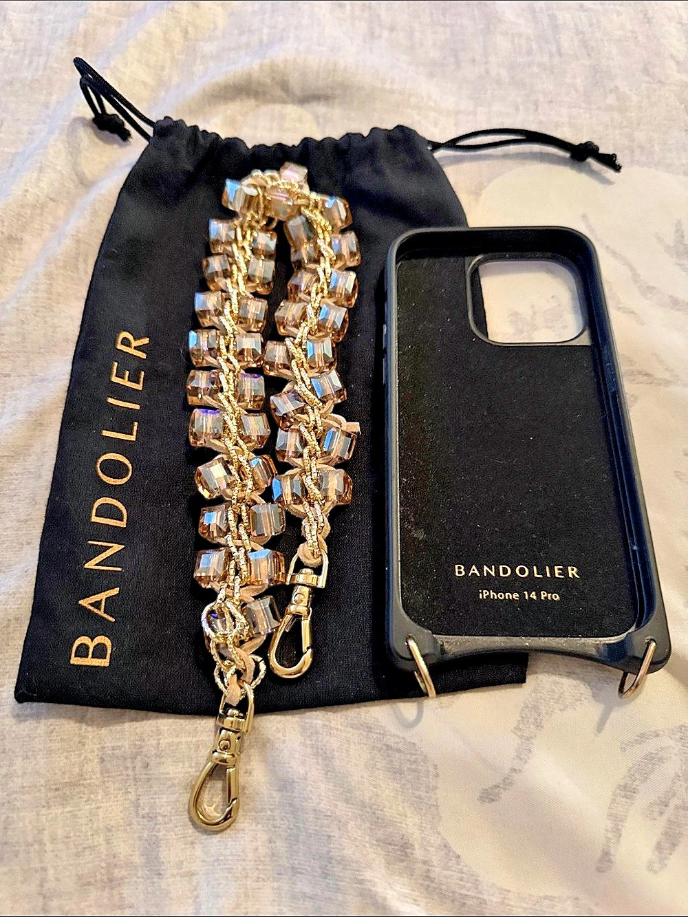 Bandolier iPhone 14 Pro Crossbody Case with Beaded Strap Black & Gold